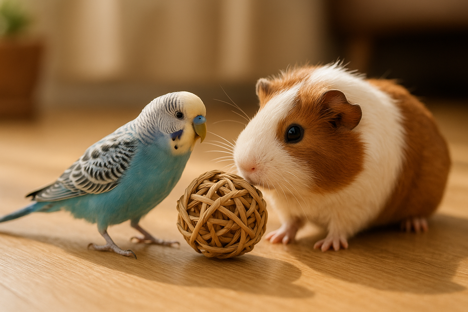 Un pájaro y una cobaya jugando con una bola de paja